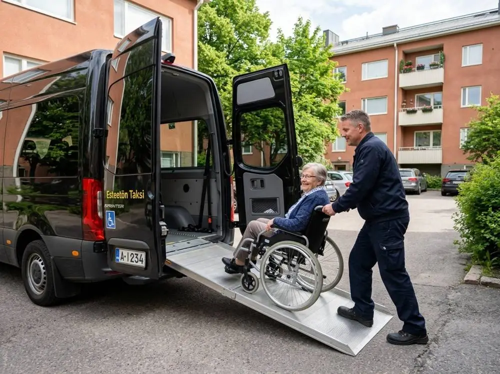 Driver helping a rider in a wheelchair into an accessible van
