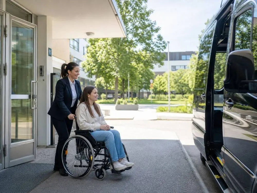 Driver helping a young woman in a wheelchair from the hospital to a van